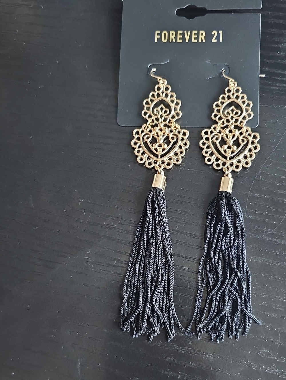 Forever 21 Gold Filigree Earrings with Black Tassels